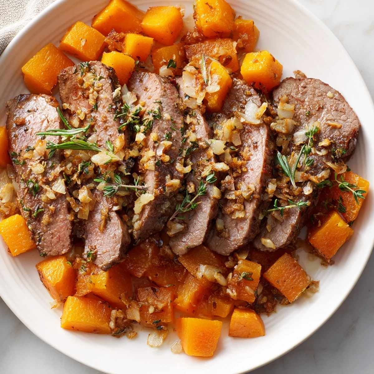 Savory slices of garlic-herb steak alongside roasted butternut squash in these colorful bowls.