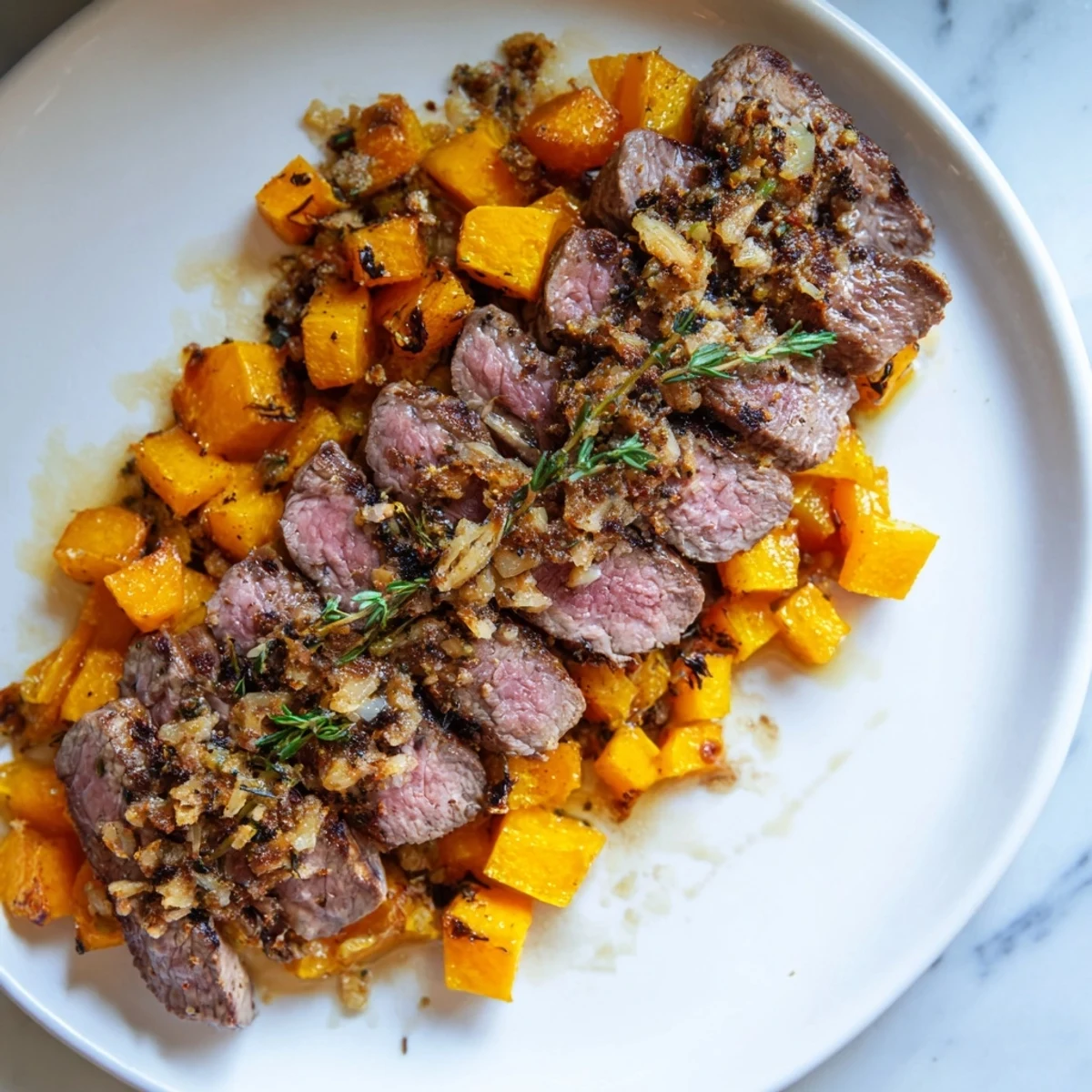 Perfectly cooked, tender steak bowls with butternut squash, seasoned with fragrant garlic and herbs.