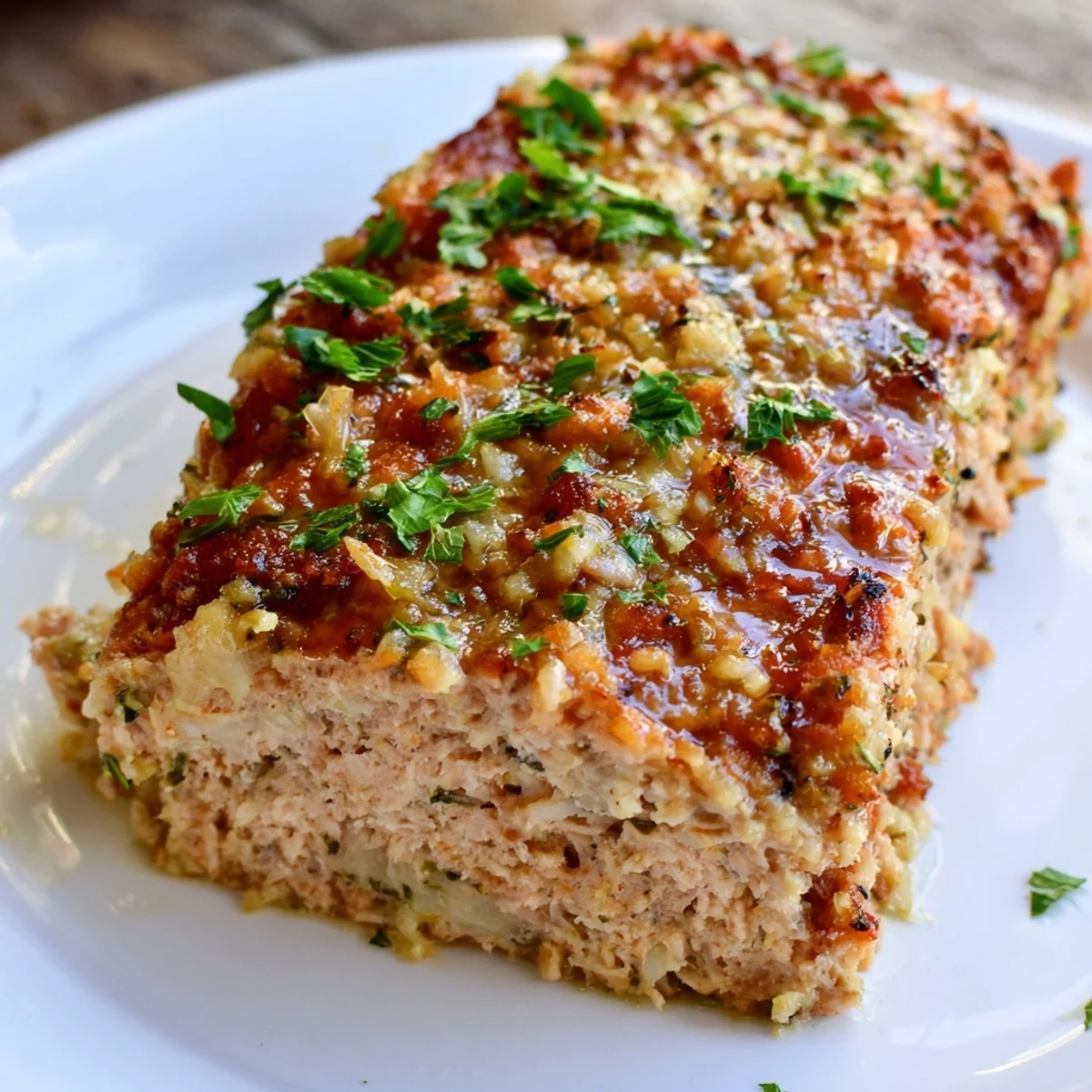 Golden-brown slices of Juicy Garlic Parmesan Chicken Meatloaf, a comfort food classic, ready to serve.