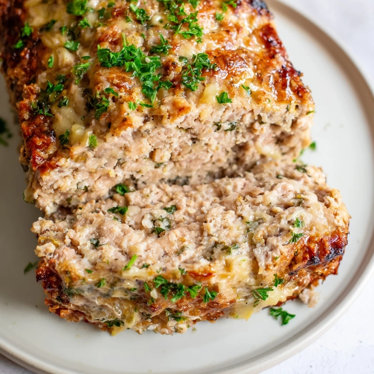 Tender Juicy Garlic Parmesan Chicken Meatloaf, bubbling with a savory garlic-Parmesan glaze, awaiting serving.
