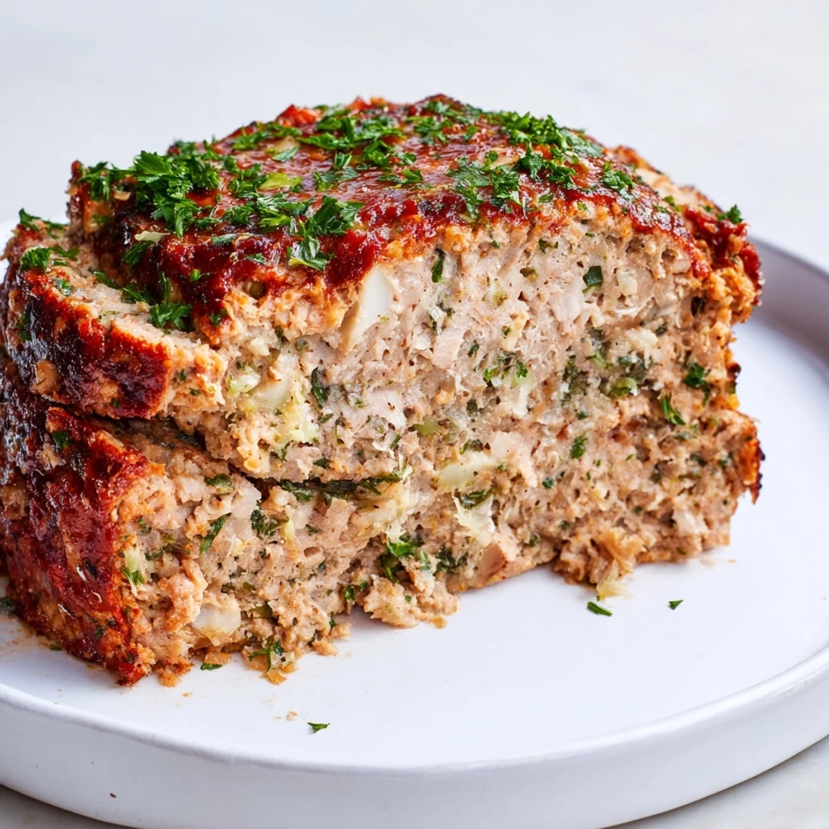A close-up of the finished Juicy Garlic Parmesan Chicken Meatloaf, showcasing its moist texture and rich aroma.