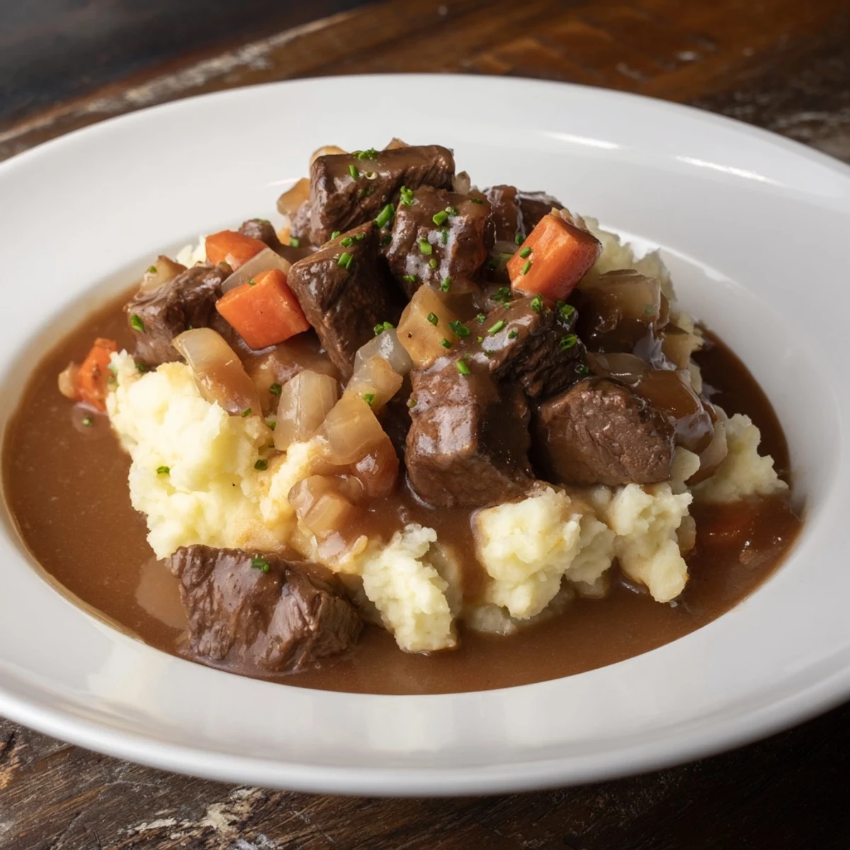 A hearty bowl of Fall Apple Cider Stew Mash featuring tender beef and creamy mashed potatoes.