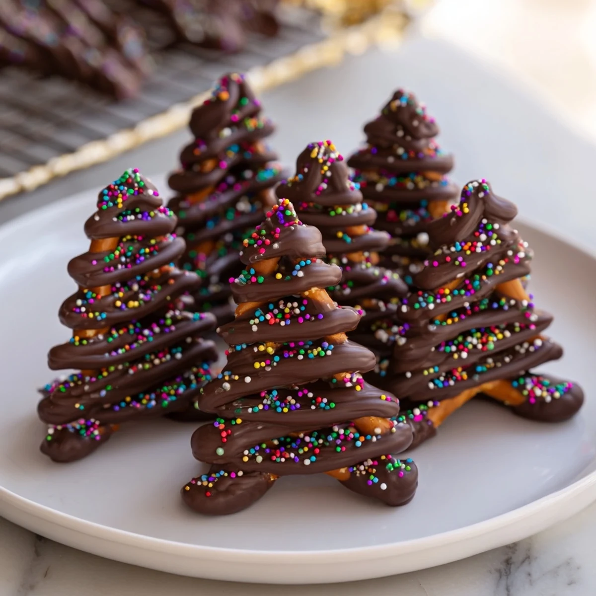 Rich dark chocolate Express Chocolate Christmas Trees, sprinkled with colorful festive sprinkles, perfect holiday treats.