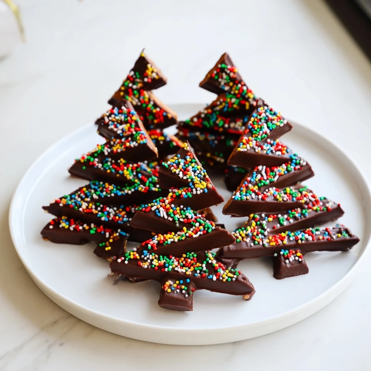 Close-up of freshly made Express Chocolate Christmas Trees decorated with edible stars and glistening sugar pearls ready to eat.