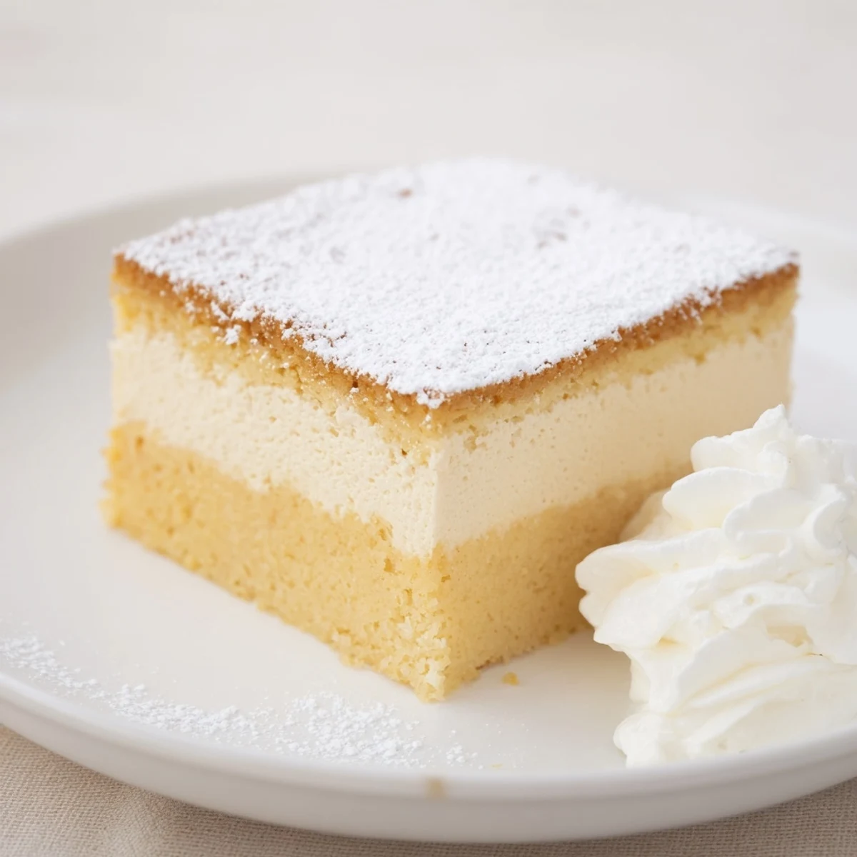 Warm, spiced Simplified Pumpkin Magic Cake slices with a creamy custard layer beneath a fluffy top.