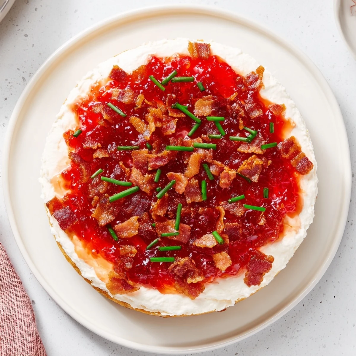 This Easy Bacon Pepper Jelly Appetizer image shows a festive party snack, ready to be scooped up with crackers.