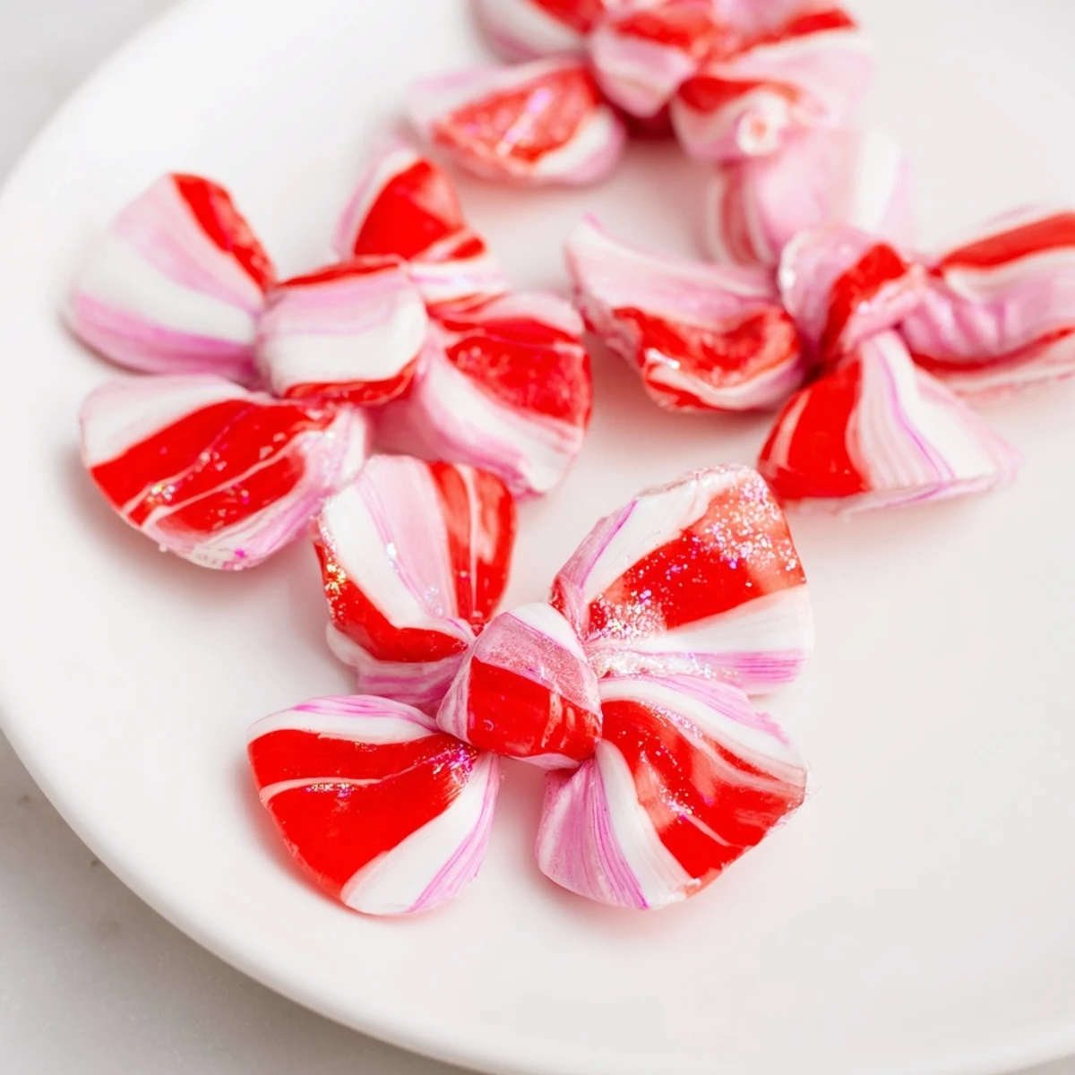Glistening, finished Express Peppermint Candy Bows, ready to be arranged on a dessert or enjoyed right away.