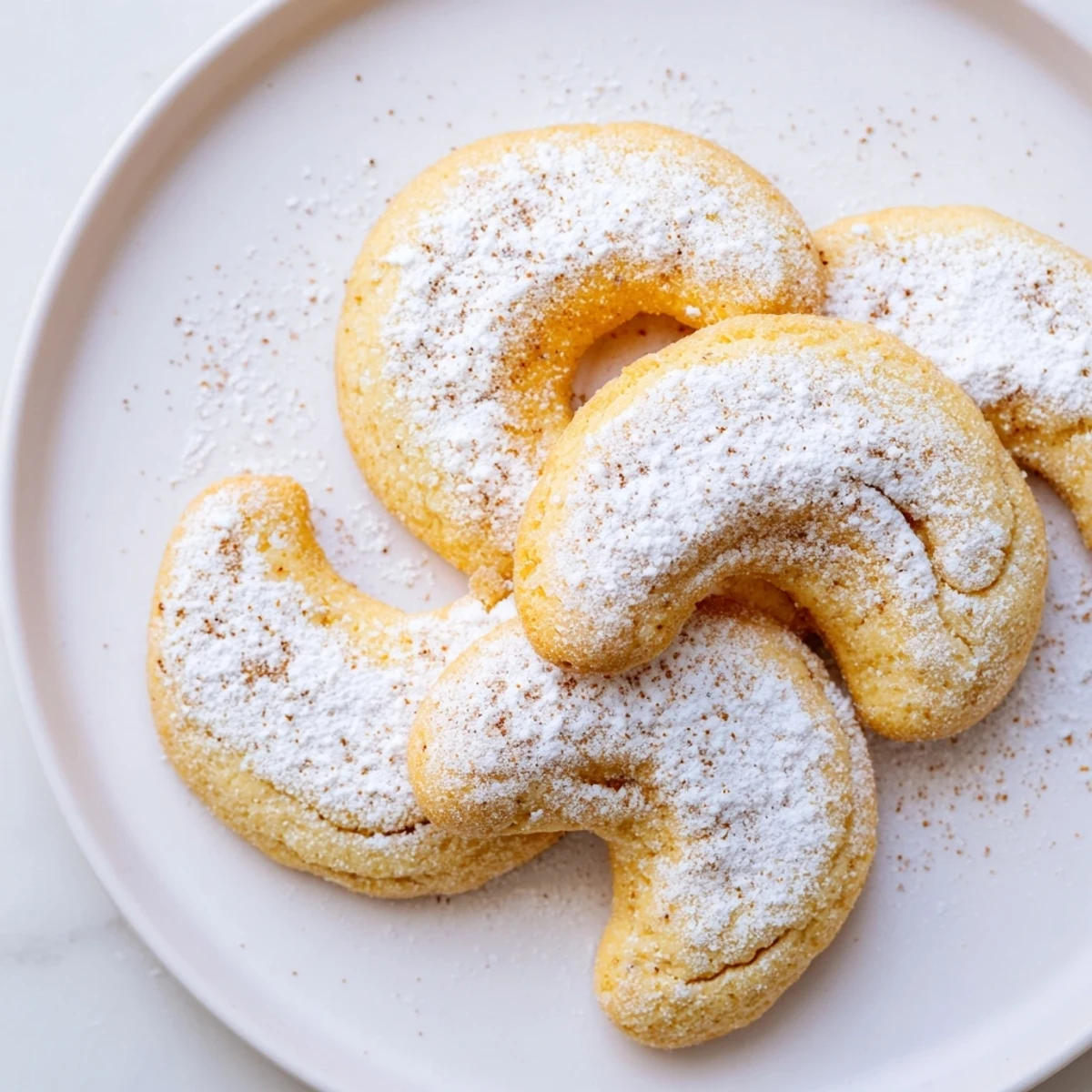 Golden, flaky Quick Christmas Cookie Croissants dusted with sweet powdered sugar and cinnamon, ready to eat.