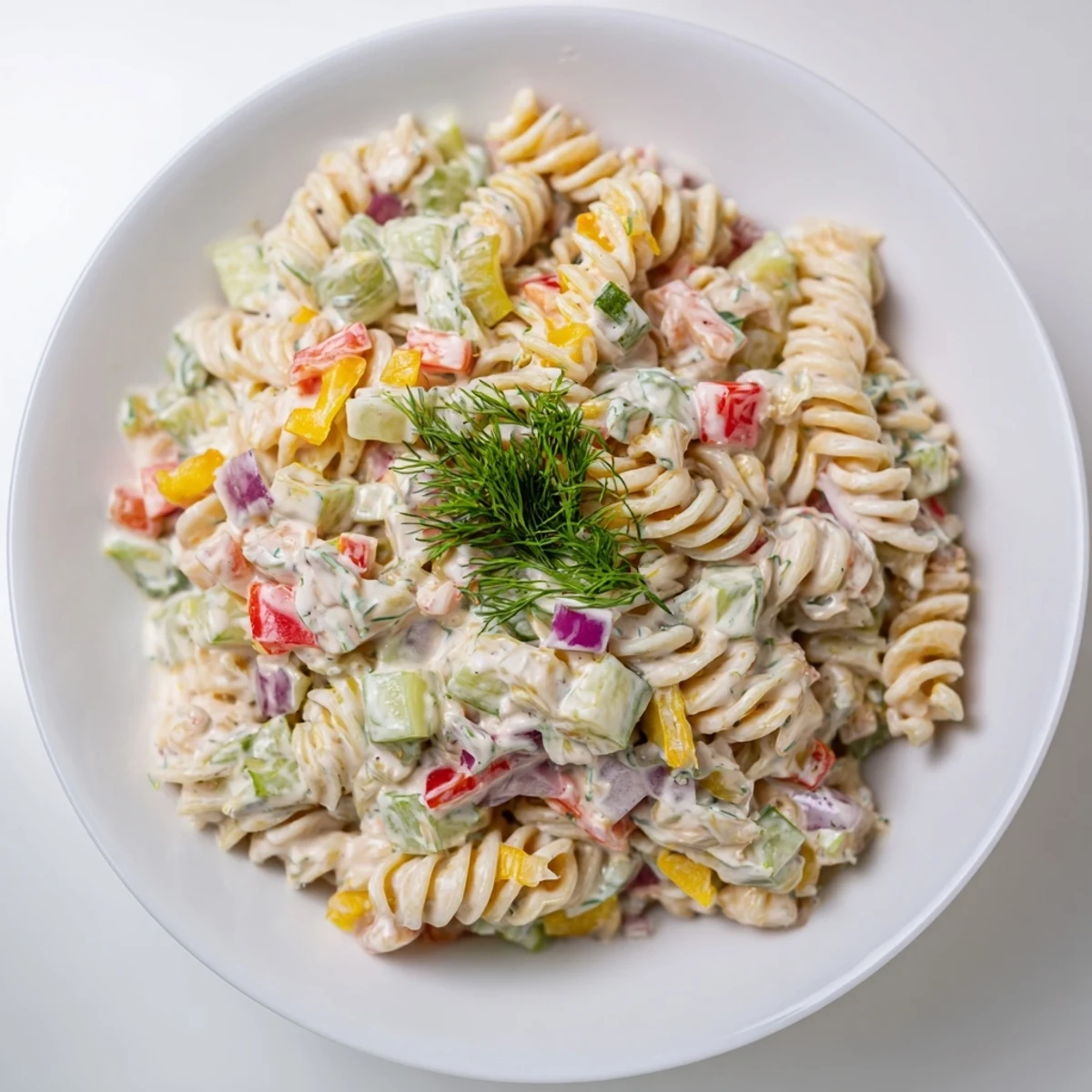 A close-up of a vibrantly plated Dill Pickle Chopped Pasta Salad, perfect for your summer cookout.