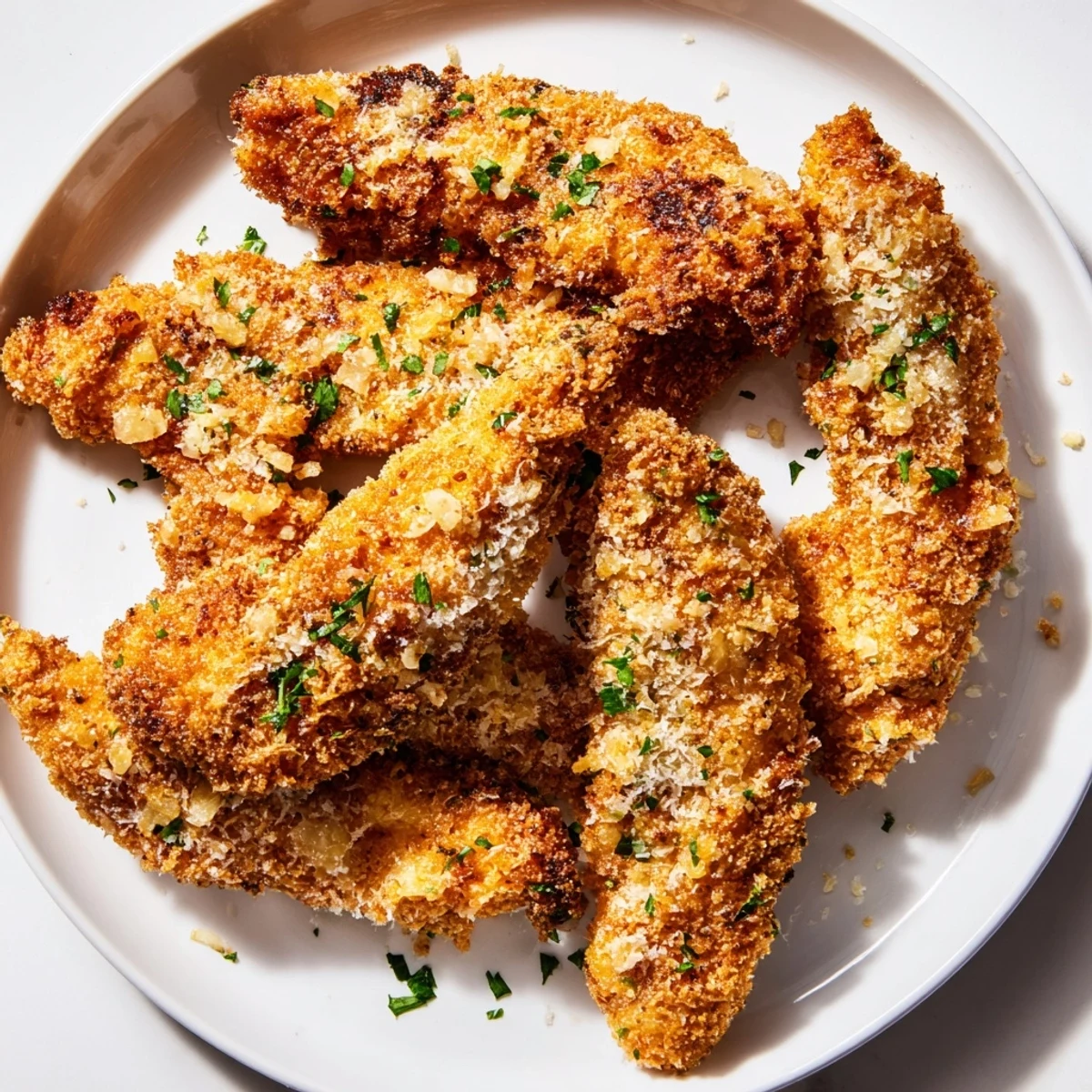 Homemade Garlic Parmesan Chicken Tenders, featuring a savory crust and enticing golden color.