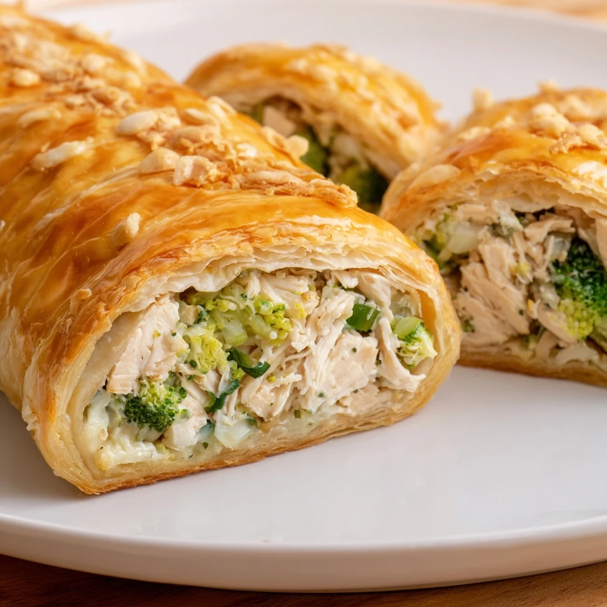 Creamy chicken and broccoli puff pastry rolls baked golden brown, ideal for an easy appetizer.