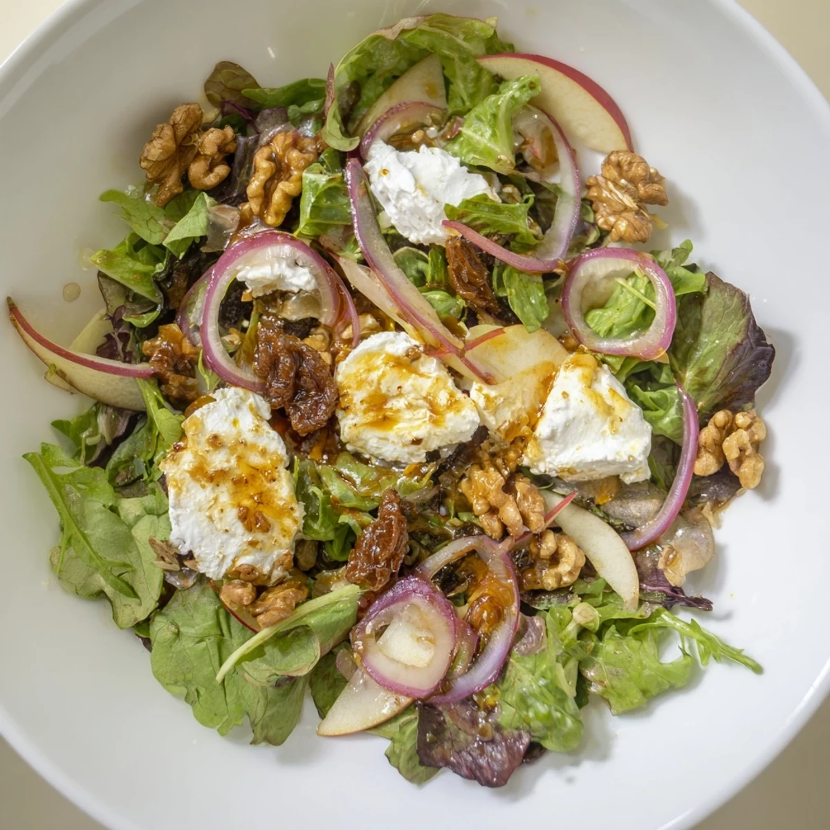 This Spiced Honey and Date Goat Cheese Salad features colorful ingredients and walnut crumbles, ready to eat alongside a light entrée.
