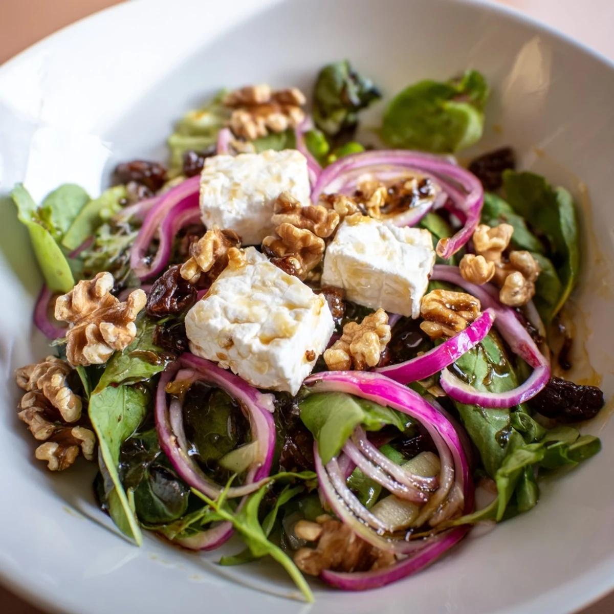 Vibrant image shows a flavorful Spiced Honey and Date Goat Cheese Salad with a warm honey dressing and fresh ingredients to enjoy.