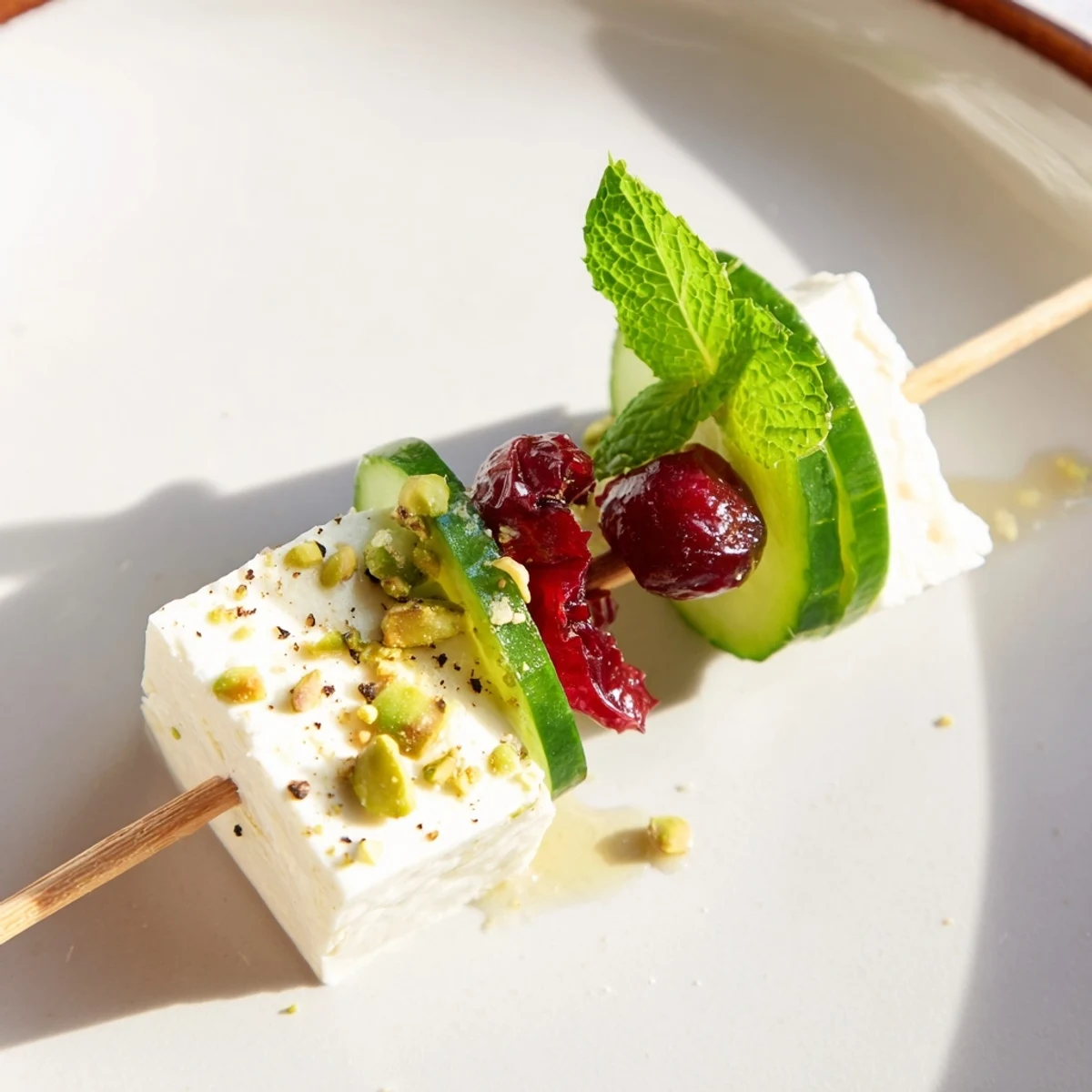 Festive Holiday Cranberry-Feta Skewers showcase cheese cubes, bright red cranberries, and fresh herbs, ready to serve.