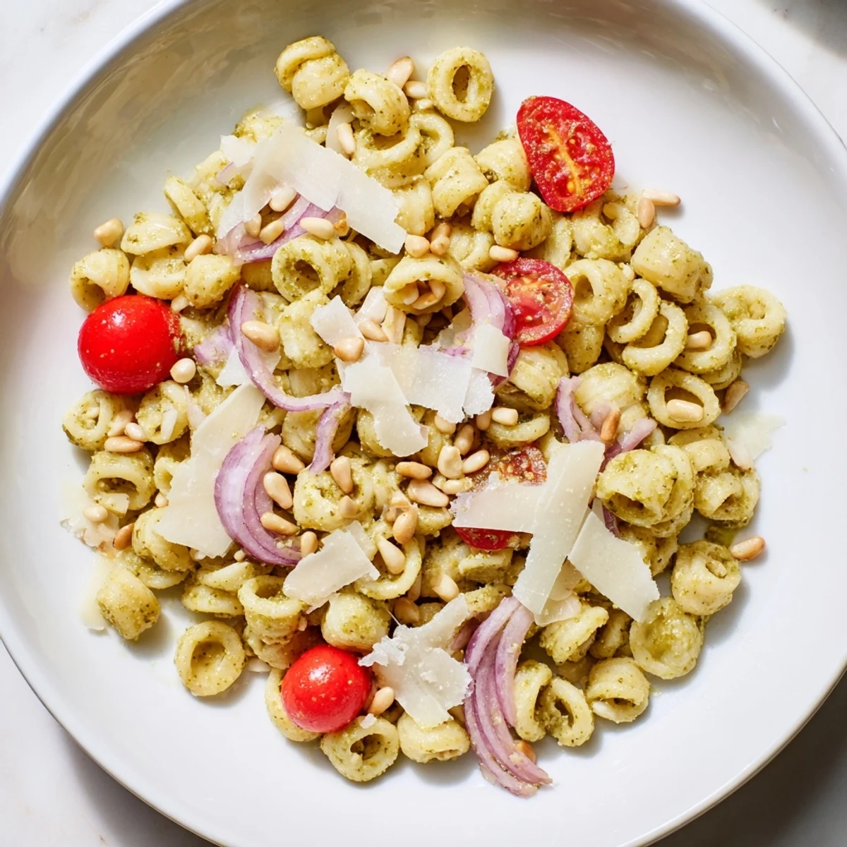 Caesar Pesto Ditalini Salad: a colorful, chilled pasta salad featuring cherry tomatoes and fresh pesto flavors.