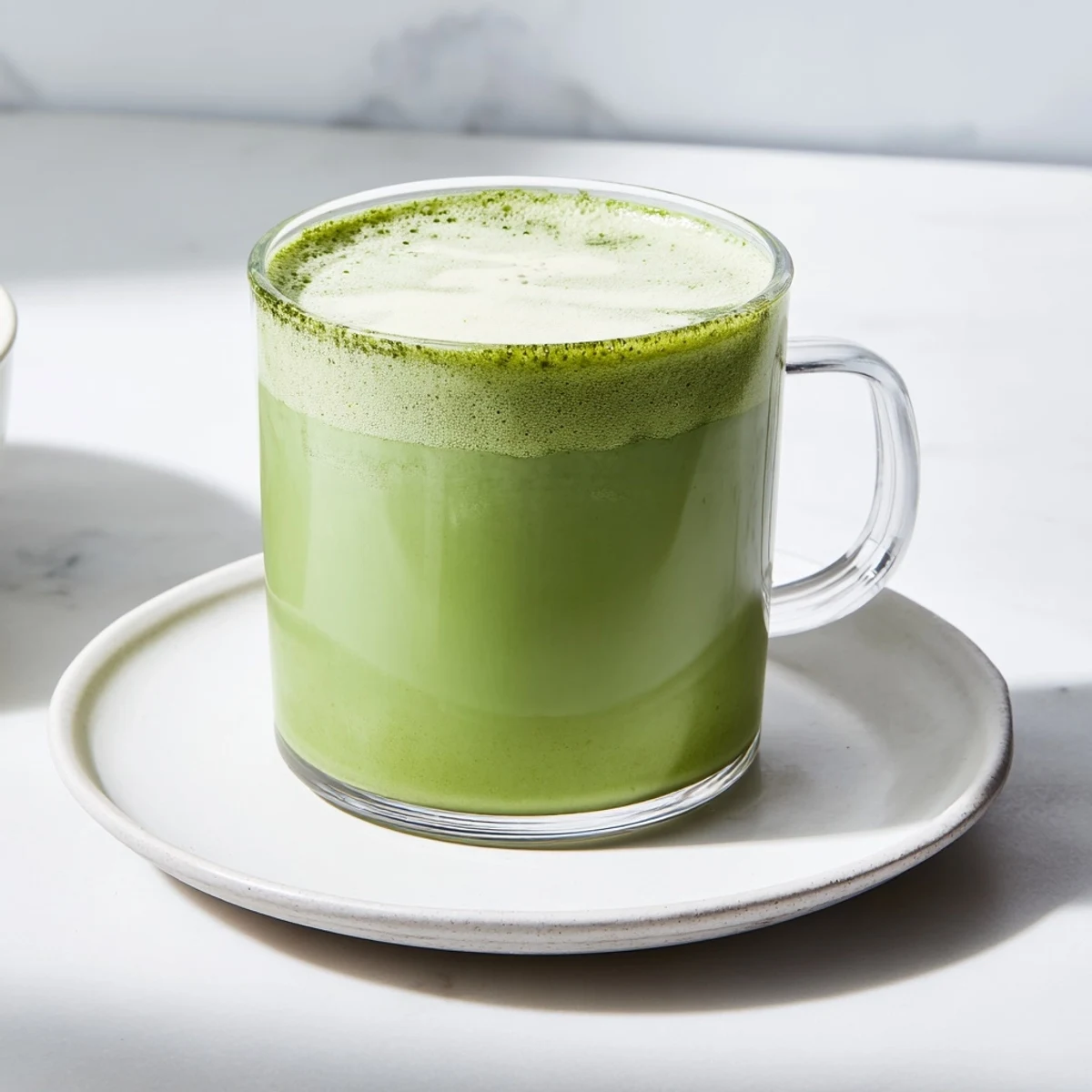 Steaming Coconut Ginger Matcha Winter Immunity Latte, a warm, frothy beverage beautifully garnished with matcha.