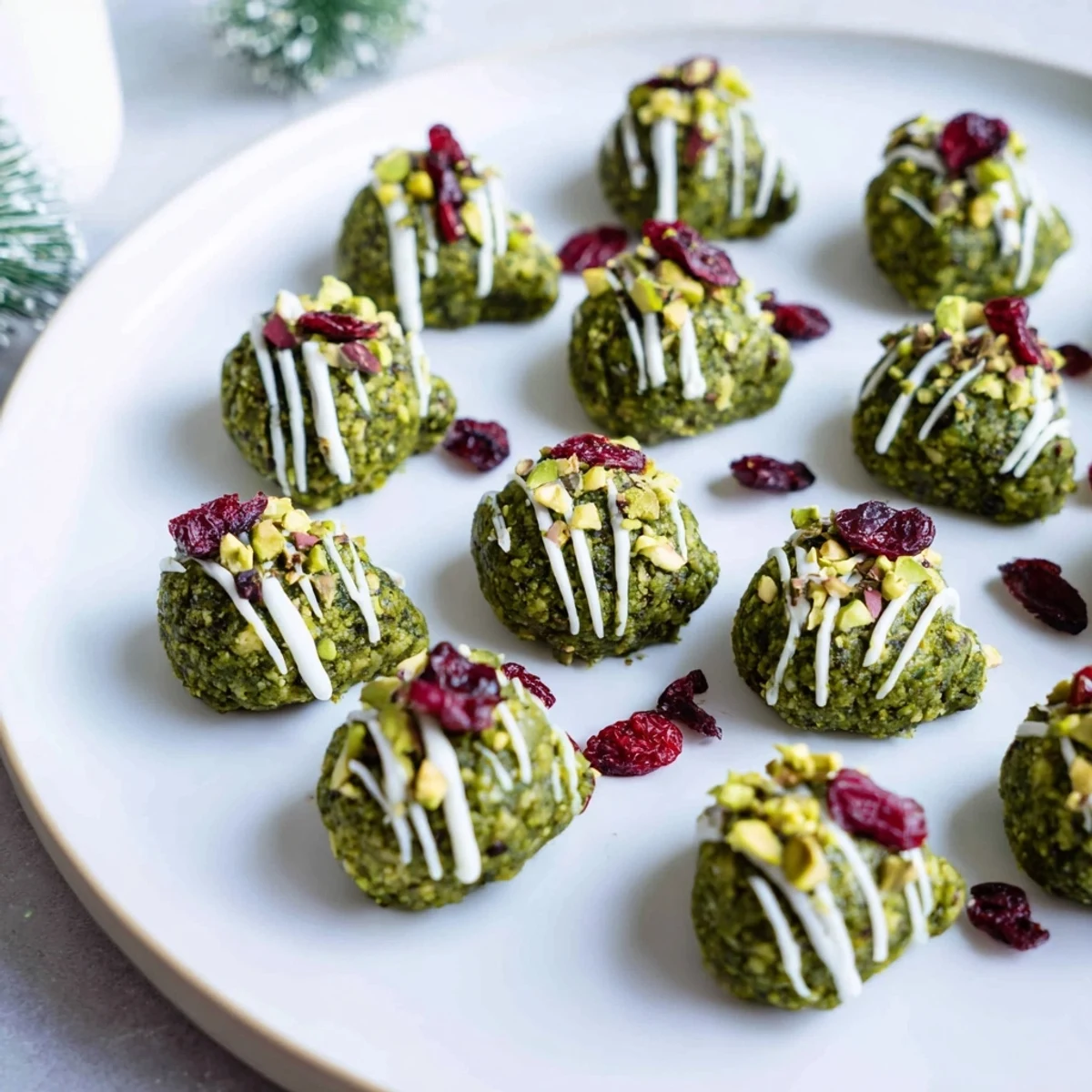 Vibrant green Matcha Pistachio Christmas Tree Energy Bites, ready-made no-bake holiday treats dotted with cranberries.