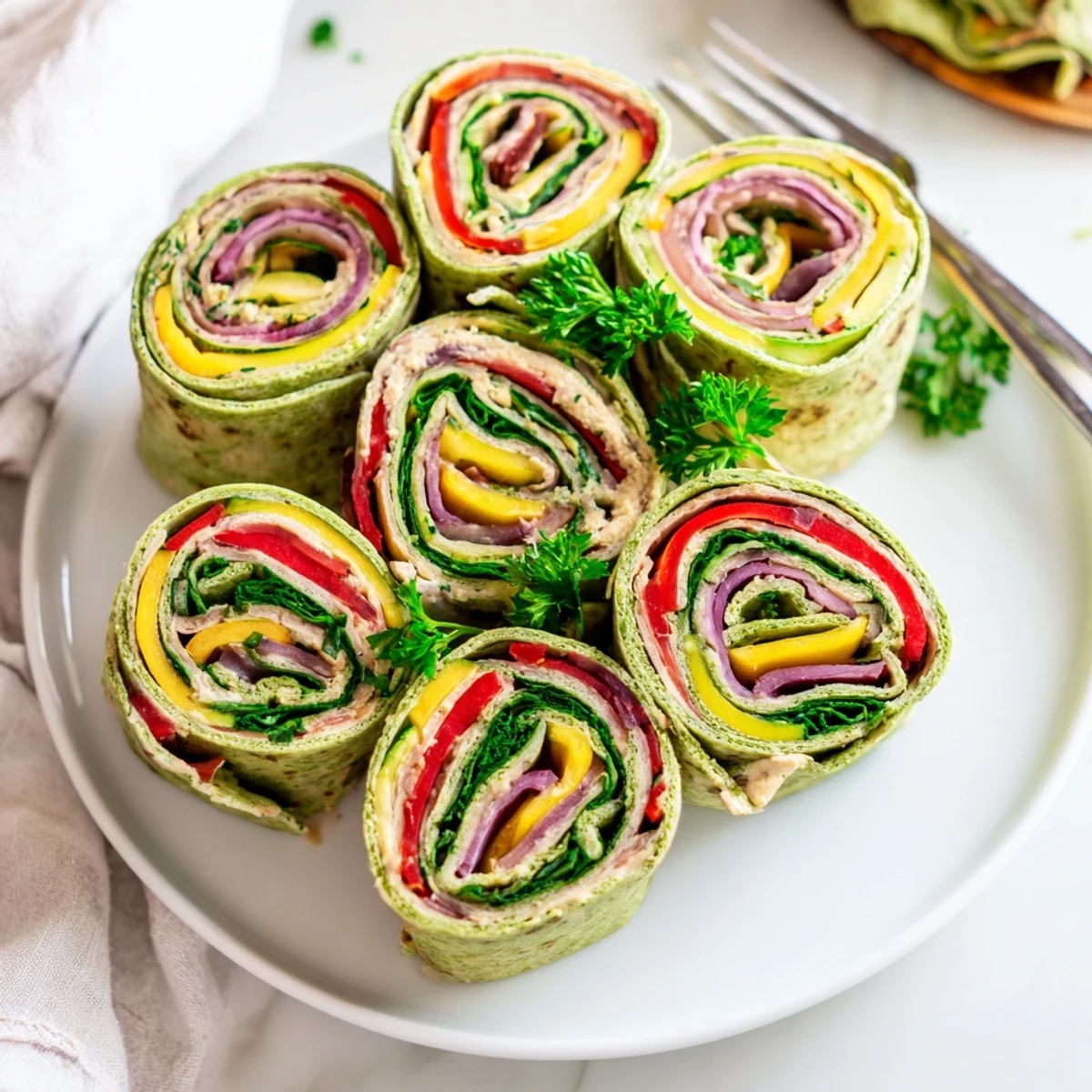 Brightly hued Roasted Veggie & Hummus Candy Cane Wrap roll-ups, vibrant veggies rolled in a tortilla.