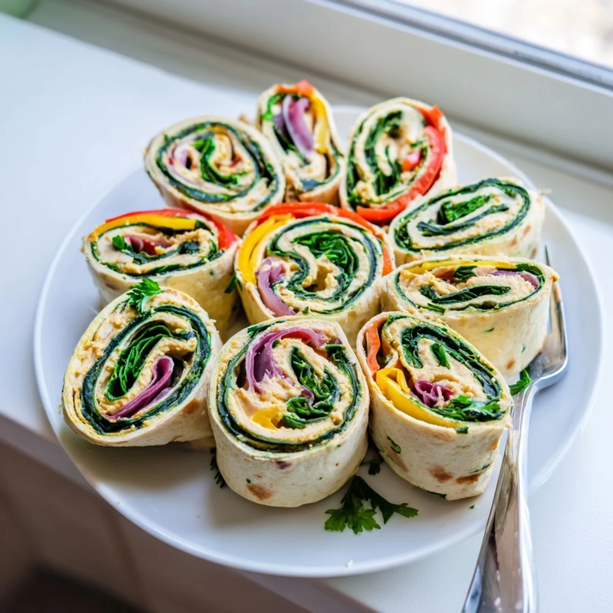 These festive Roasted Veggie & Hummus Candy Cane Wraps display colorful roasted vegetables rolled up for a snack.