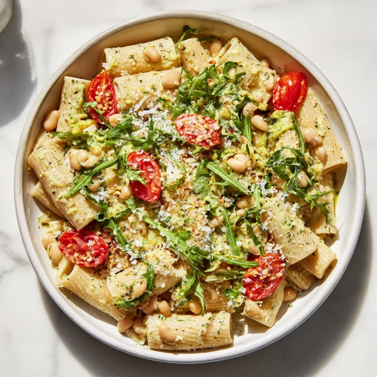 Vibrant plate of holiday Healthy Tuscan White Bean & Kale Christmas Pasta, highlighting the kale and creamy beans.