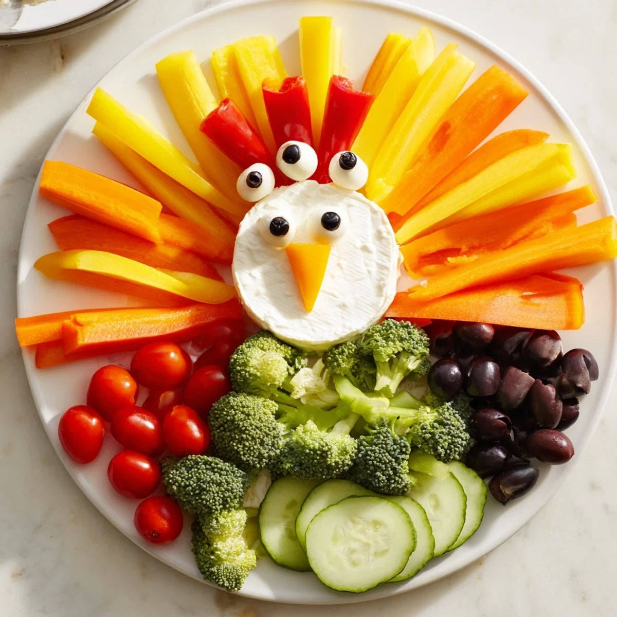 Delicious Turkey Shaped Appetizer Tray with vibrant vegetables, perfect for a festive holiday.