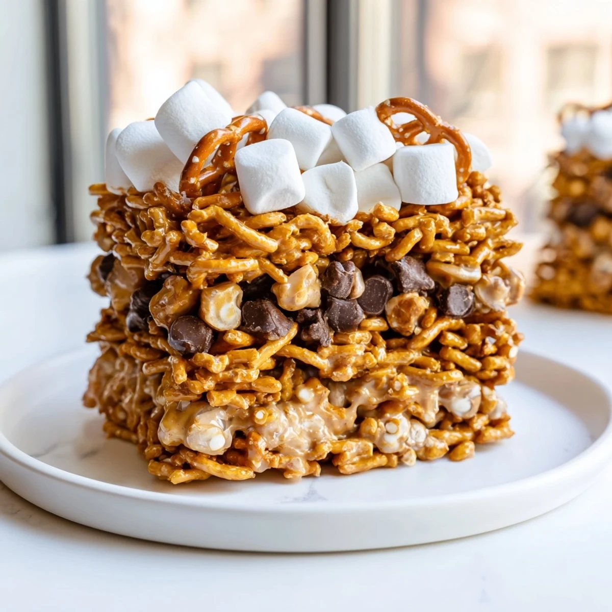 A towering stack of sweet haystack candy, perfect for sharing, showcasing layers of texture.