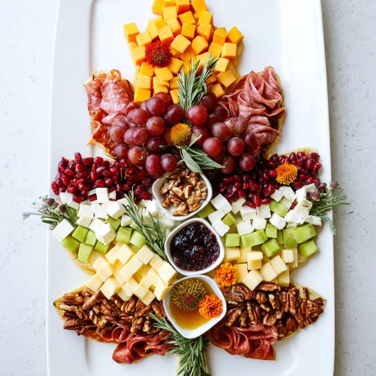 Beautifully arranged Maple Leaf Grazing Tray, overflowing with delicious cheeses, fruits, and crackers perfect for autumn.