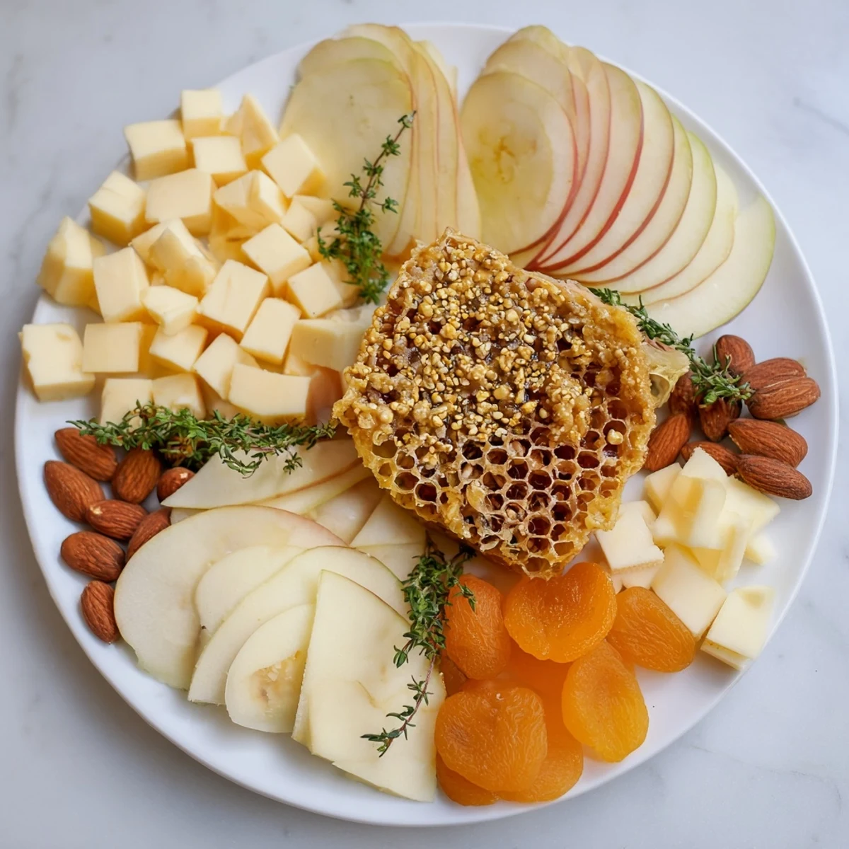 Delicious Busy Bee Honeycomb Snack Plate arranged with honey-drizzled cheese and fresh fruits.