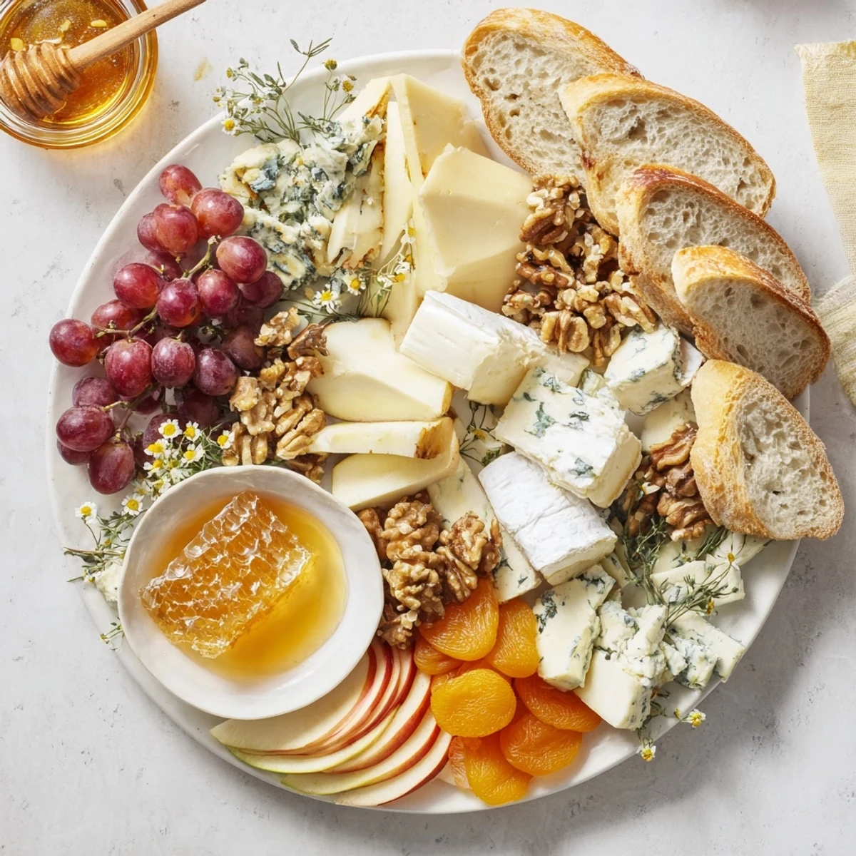 A stunning Honeycomb, Honey, & Cheese Board offering creamy cheeses, sweet honey, and fresh fruit for an appetizer.