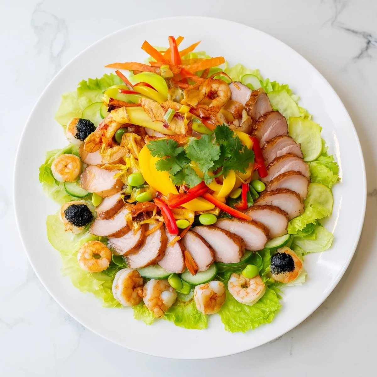A festive Lunar New Year Dragon Platter, featuring shrimp and potstickers, artfully arranged on a serving board.