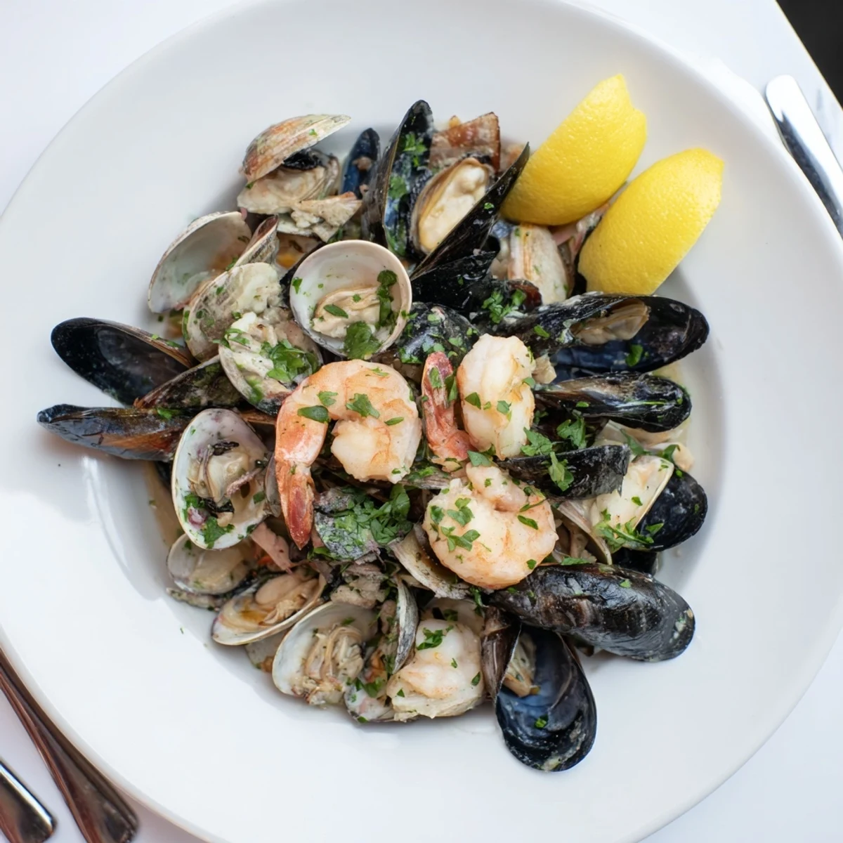Steaming pot full of Shellfish & Seafood Medley, tender seafood prepared with white wine and herbs.