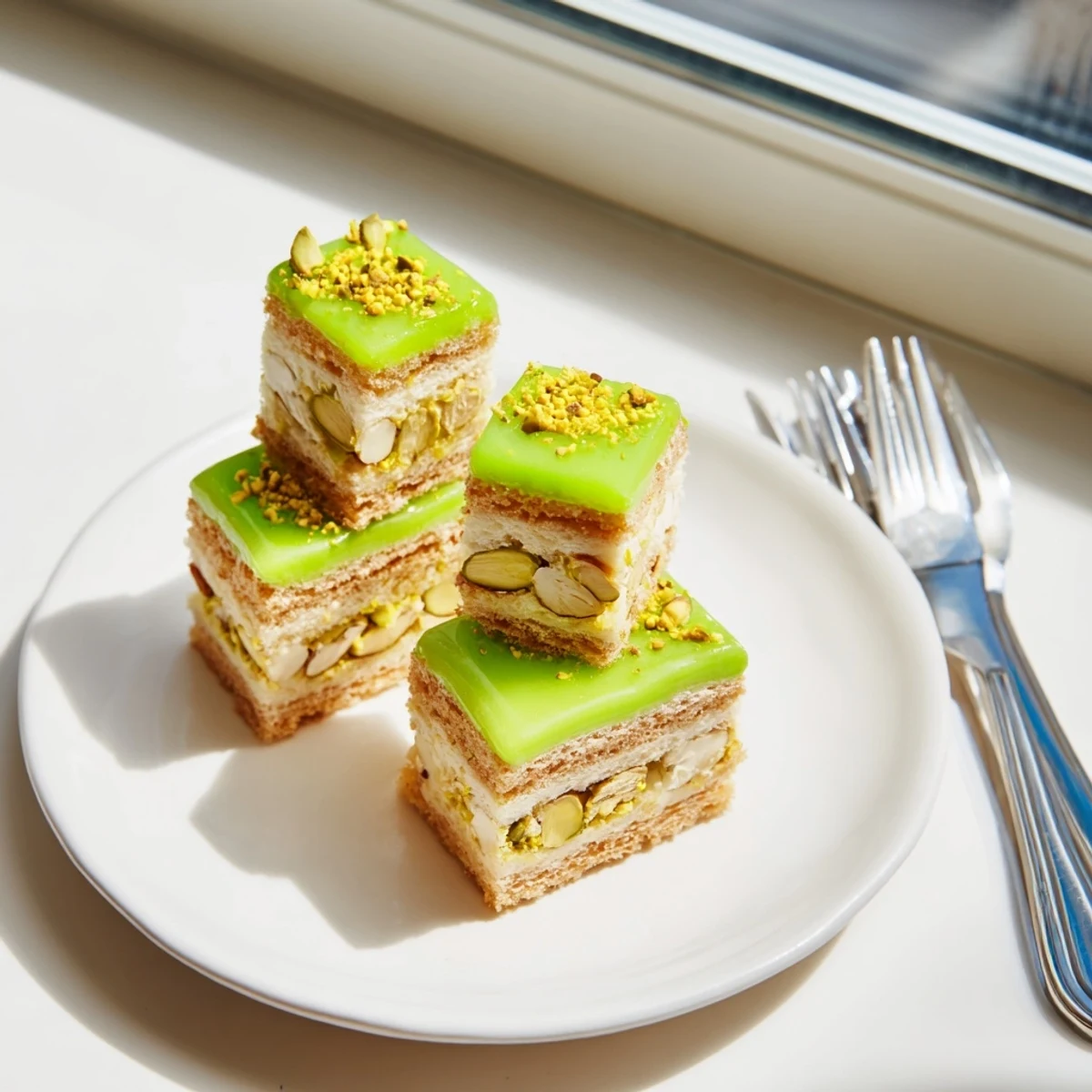 Golden Grenouille Royale Petits Fours, glistening with citrus glaze and decorated with chopped pistachios, awaiting your first bite.