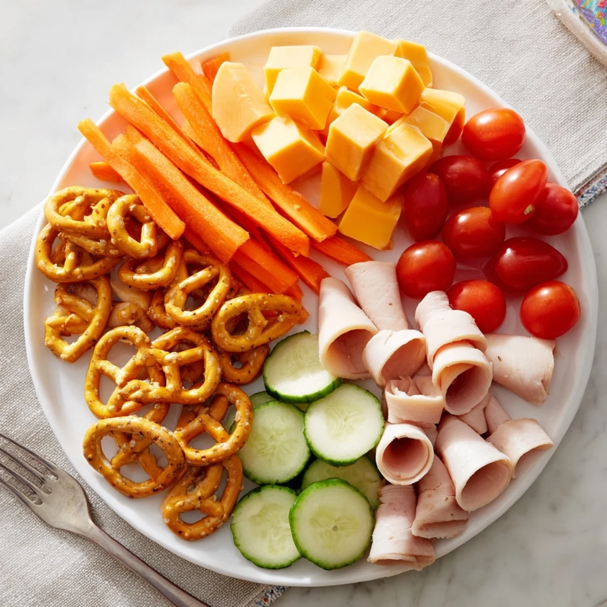 A colorful Renard Rusé Snack Assortment, filled with pretzels, cheeses, and fresh vegetables for sharing.