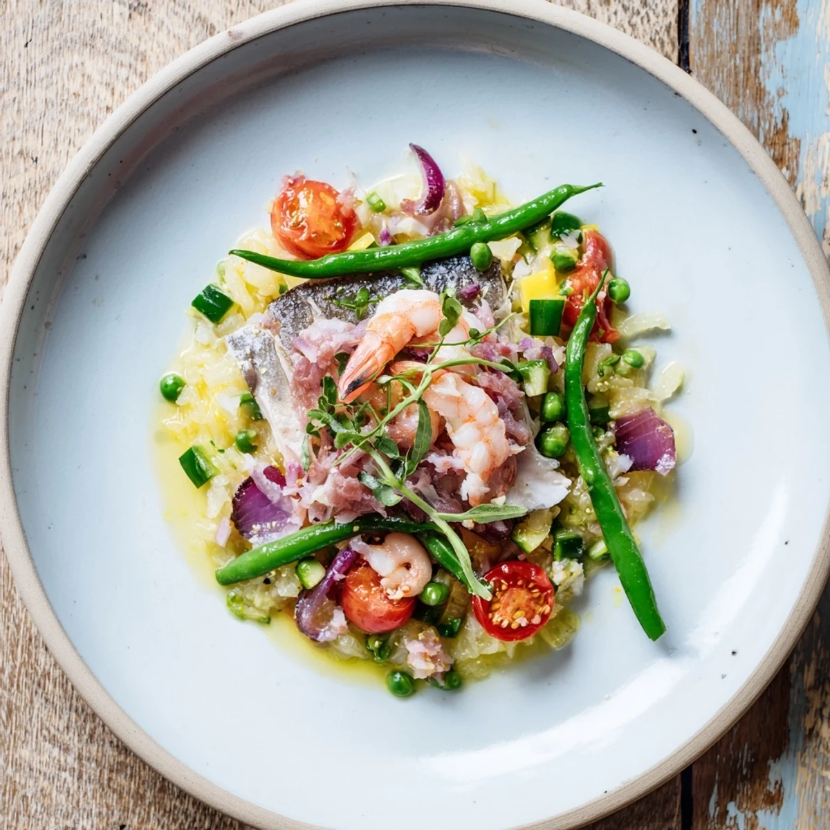 Sizzling Plongeons dans l'Océan Poisson Bleu showcasing flaky fish, vibrant tomatoes, and shrimp baked to perfection.