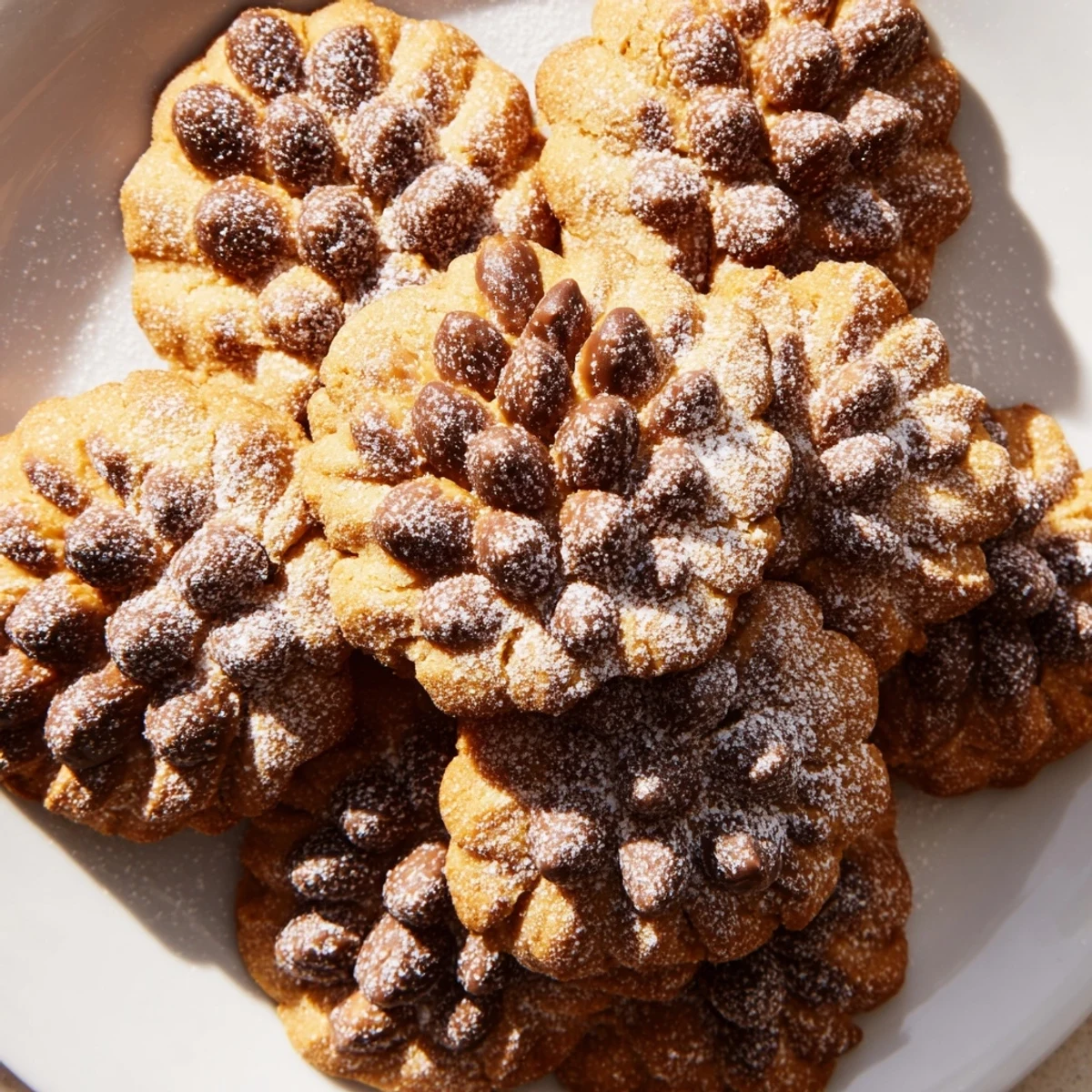 Freshly baked Pinecone Shaped Peanut Butter Cookies, ready to eat, detailed with chocolate sprinkles.