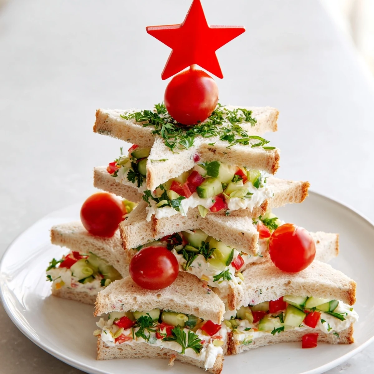 Close-up of vibrant Stacked Star Christmas Tree Sandwiches, layered with cream cheese and colorful garnishes.