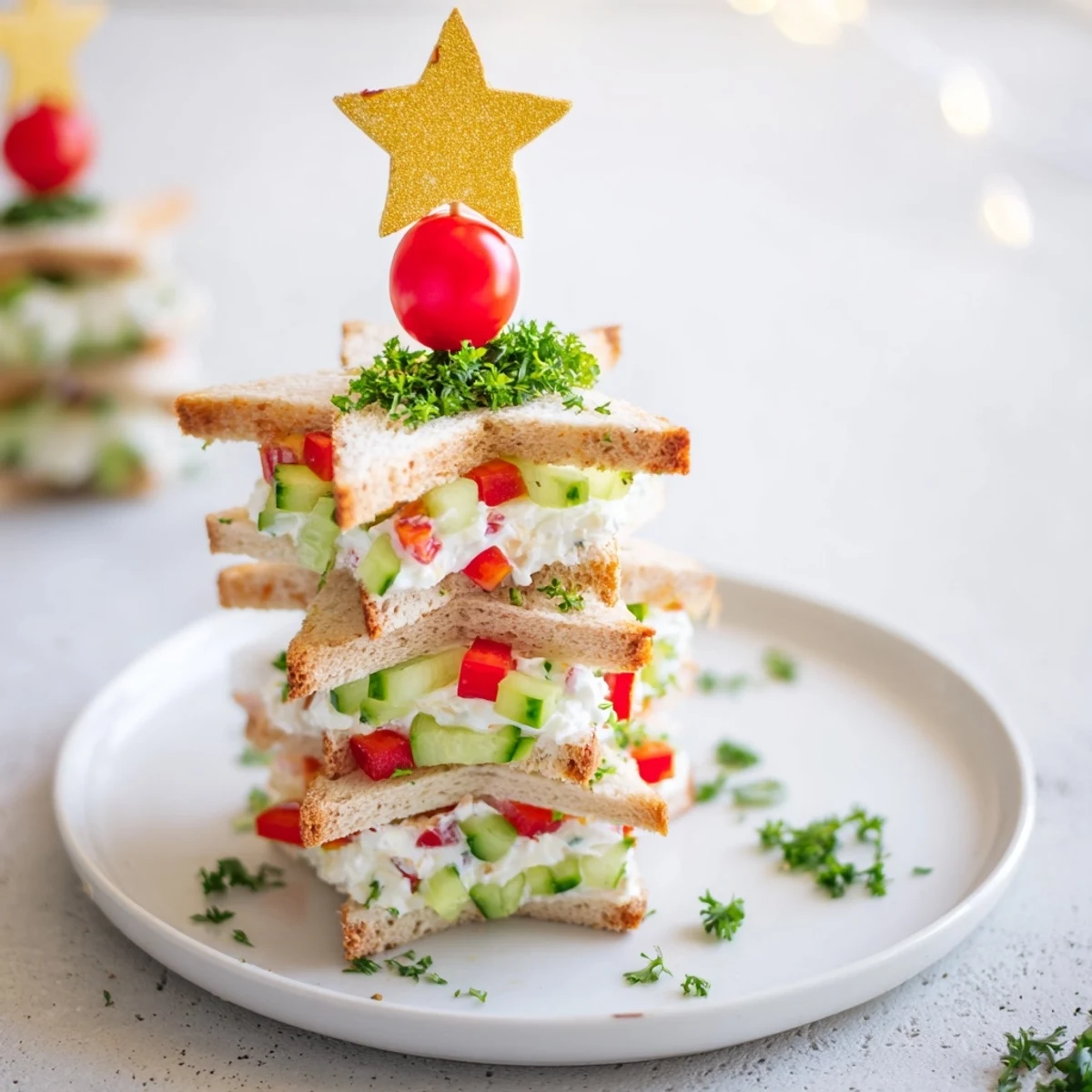 Delicious bite of holiday Stacked Star Christmas Tree Sandwiches: layered star-shaped sandwiches with fresh herbs.