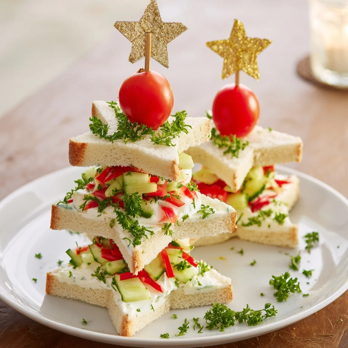 Vibrant plate of Stacked Star Christmas Tree Sandwiches, a fun, festive appetizer for any Christmas party.