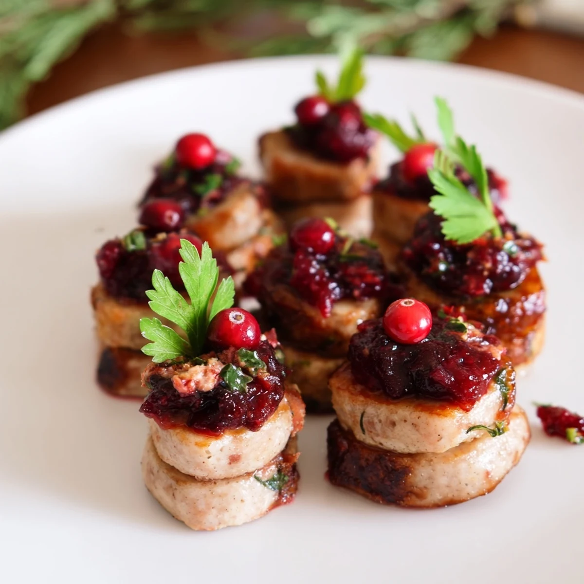 Golden-brown Festive Holly Berry Sausage Bites topped with glistening cranberry sauce and herbs, ready to serve.