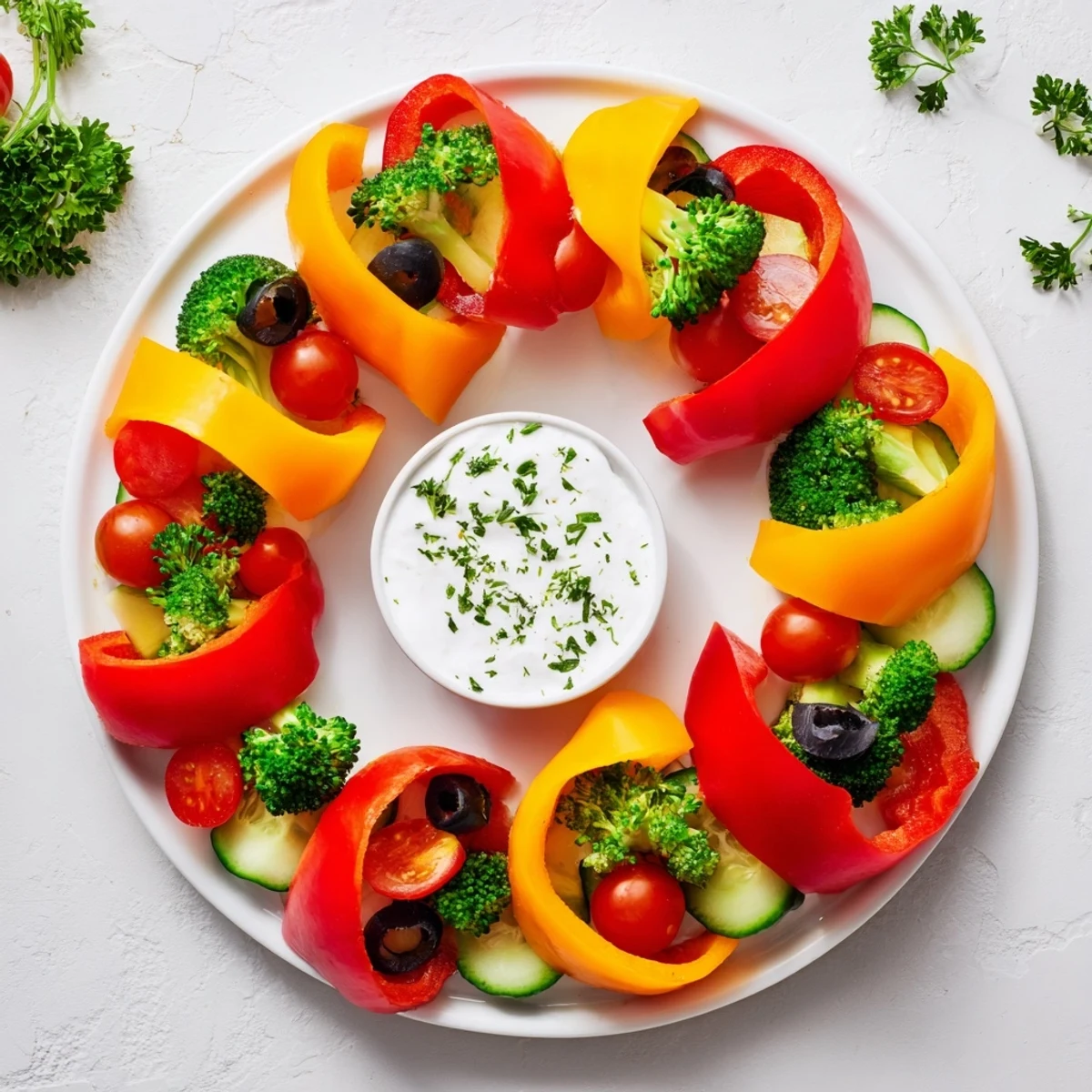 Bright and colorful Festive Bell Pepper Wreath appetizer, featuring fresh veggies with creamy dip.