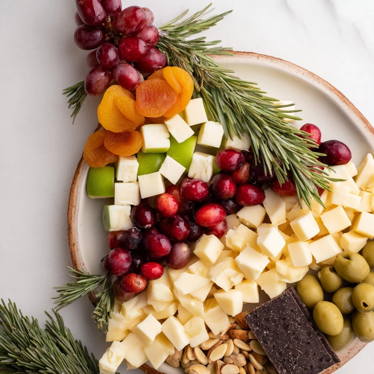 Cranberry Joy Tree Board brimming with colorful fruits, cheese, and rosemary for festive snacking.