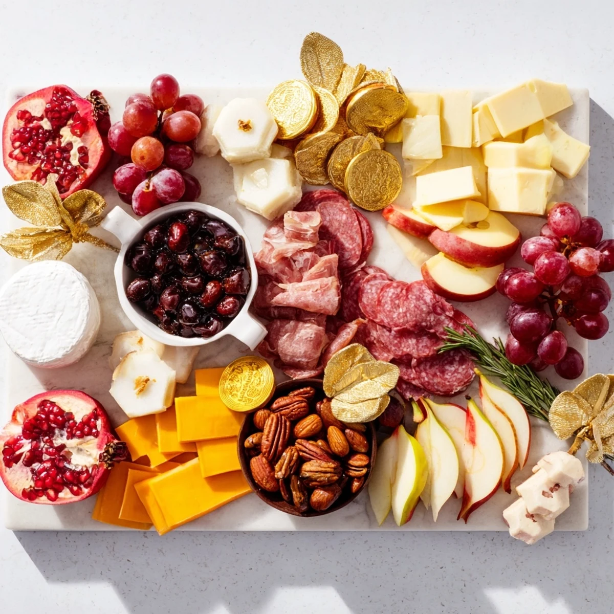 A beautifully arranged Twelve Days of Christmas Snack Board shows colorful holiday appetizers ready to be enjoyed.