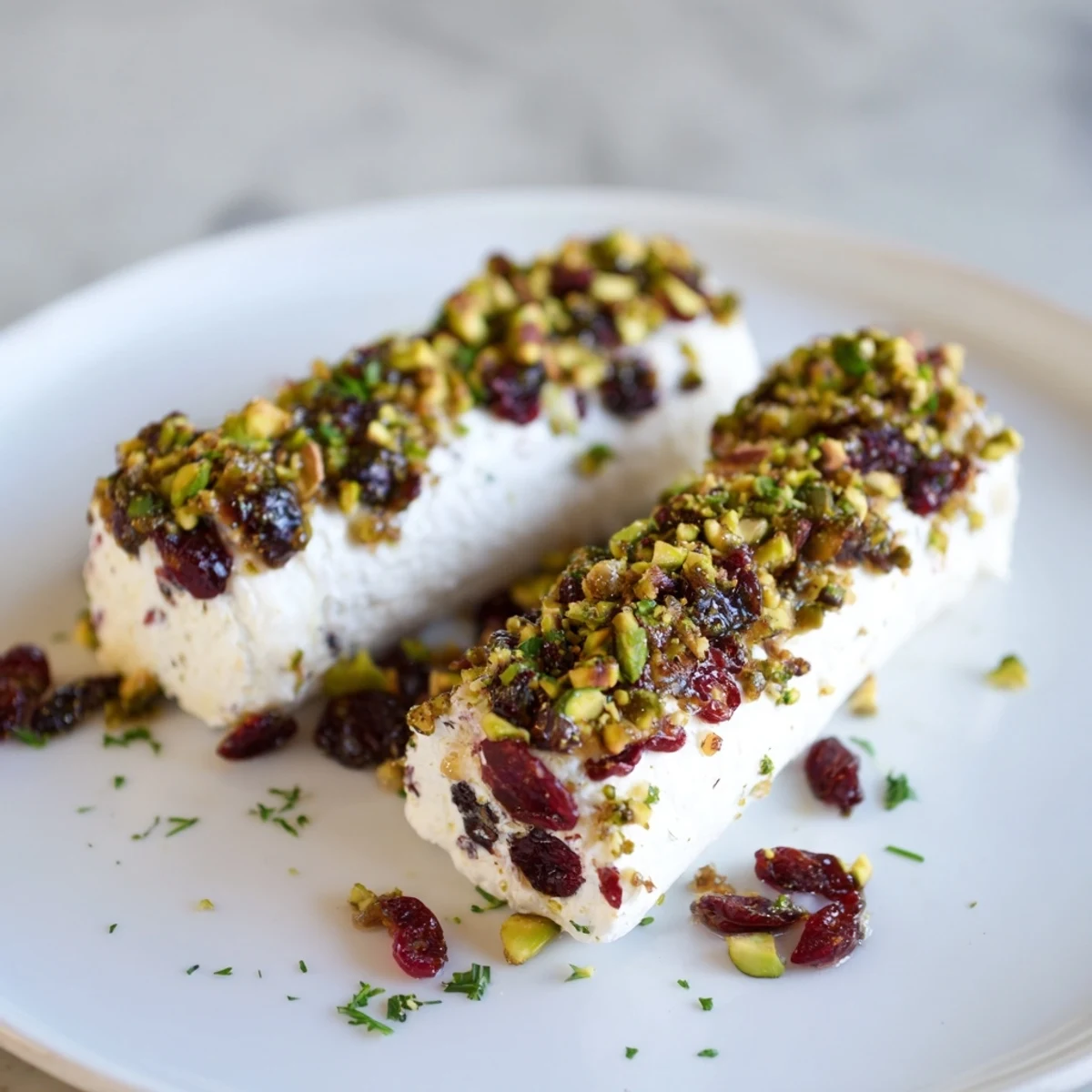 See the beautiful board of cranberry goat cheese logs, drizzled with honey, ready to serve and enjoy.