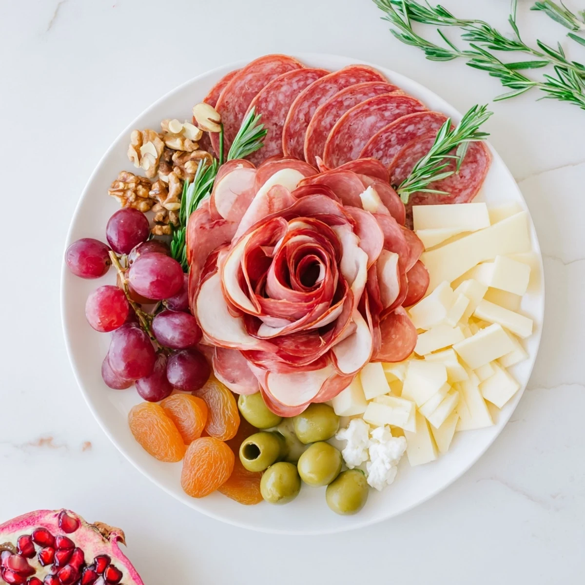 A beautiful holiday charcuterie board displays meat rose bouquet, cheeses, fruits, and garnishes.
