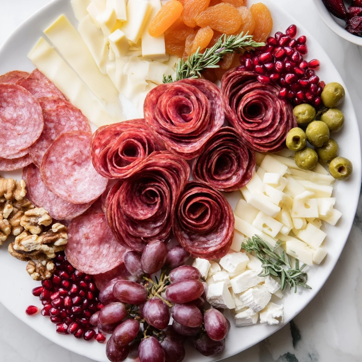 Holiday appetizer featuring a vibrant charcuterie assortment with a delicious meat rose bouquet and fresh herbs.