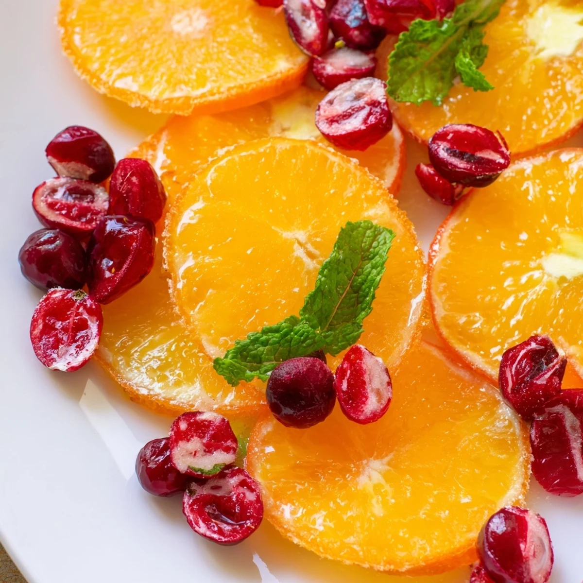 Vibrant winter fruit salad with orange slices and cranberries, a refreshing burst of color.