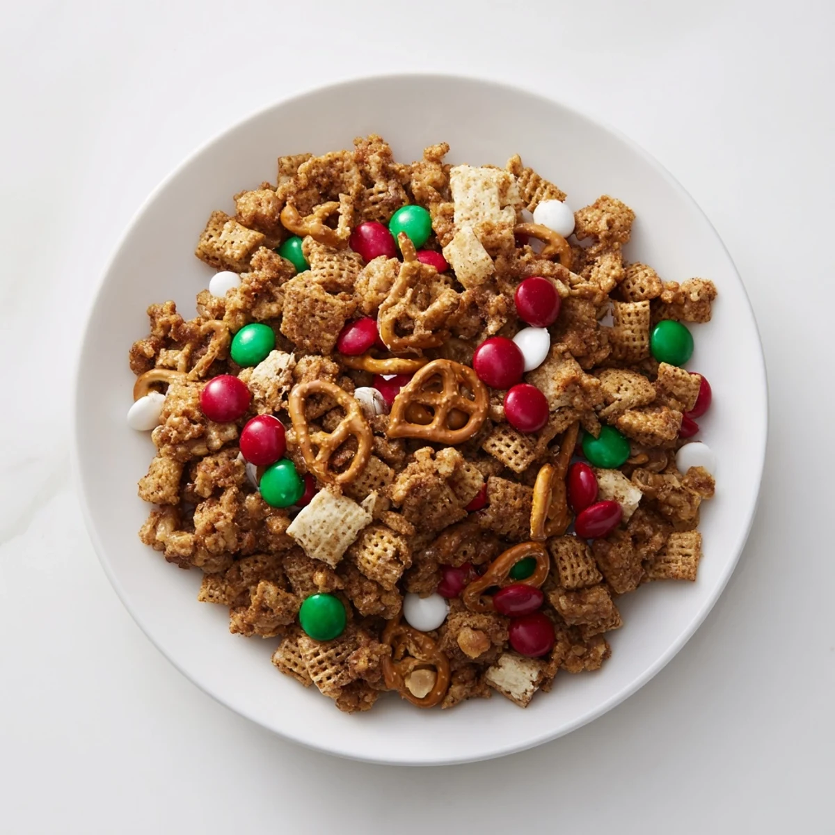 Holiday Mix snack, a colorful mix of crunchy cereal pieces and sweet candies, ready to eat.
