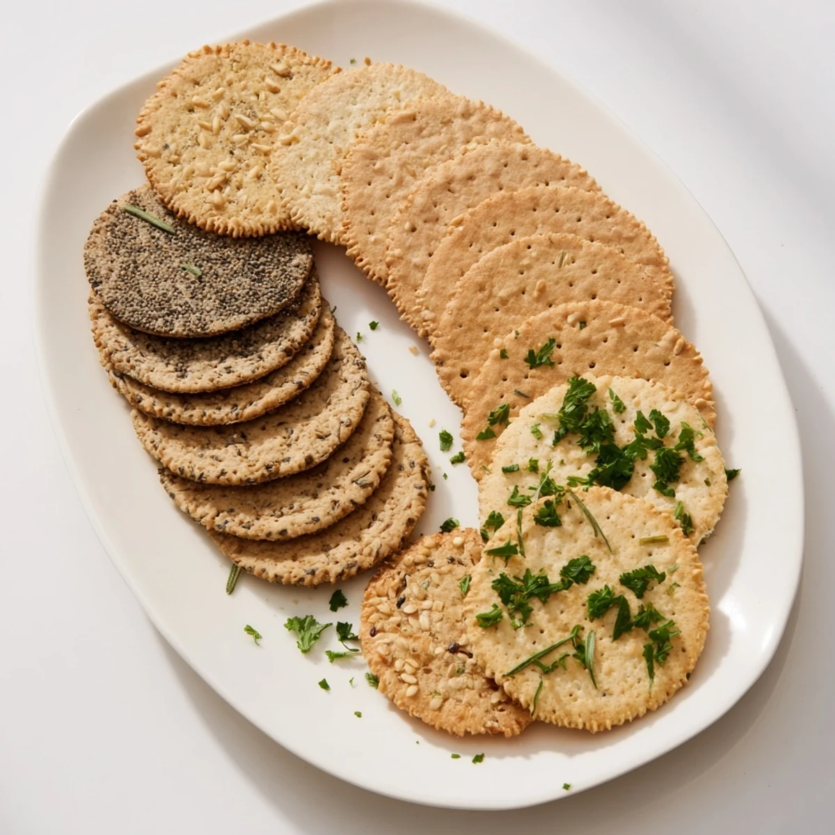 Assorted gourmet crackers artfully arranged on a platter, ready to be paired with dips and spreads.