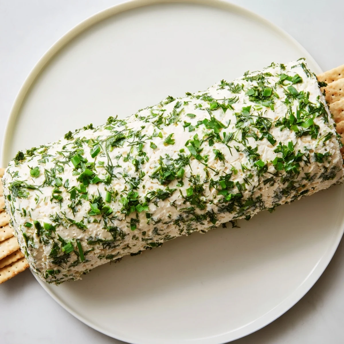 Creamy herb-coated cheese log with crackers, a perfect, elegant appetizer for a party.