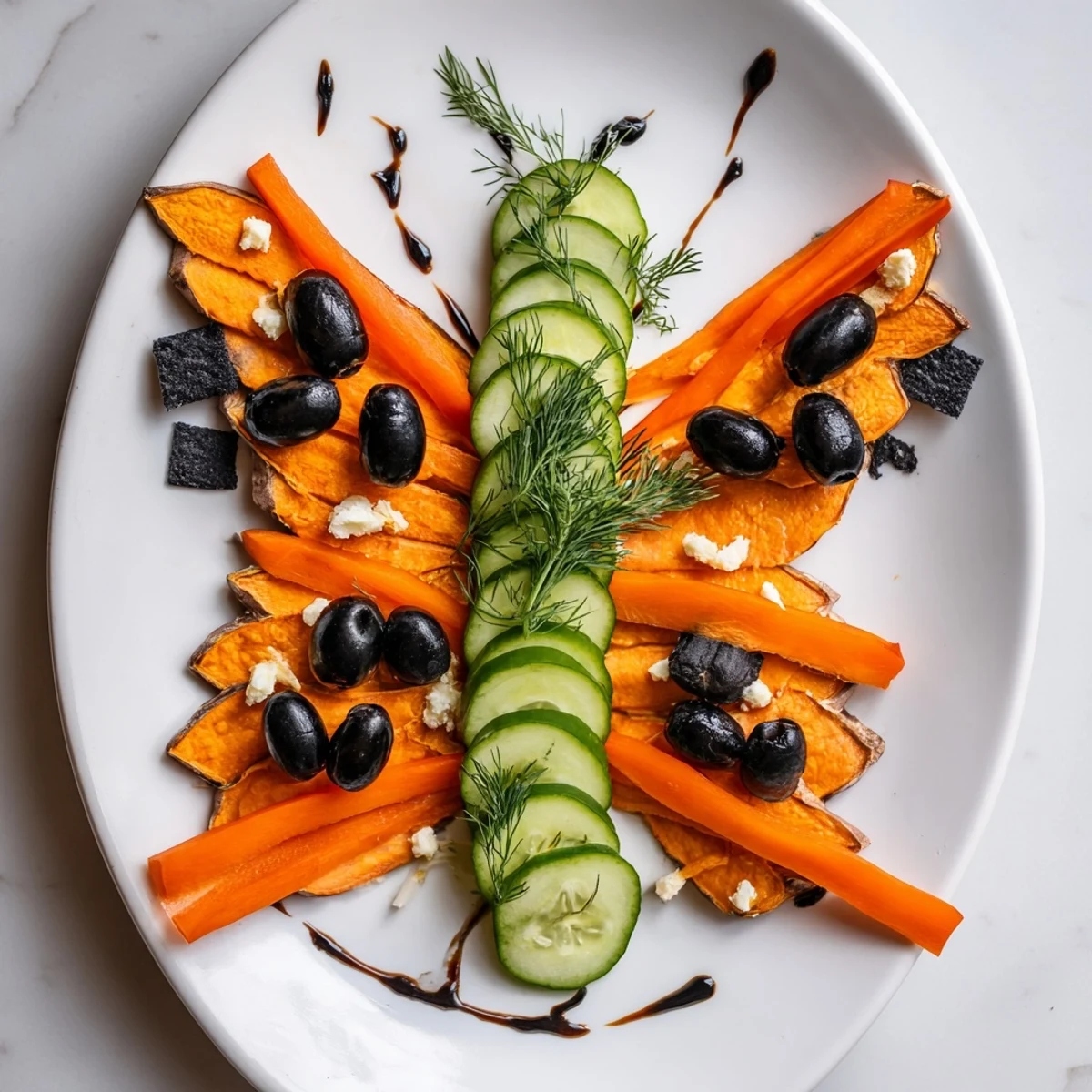 Colorful Monarch Butterfly Wings platter featuring sliced carrots and grapes, ideal for your party guests.
